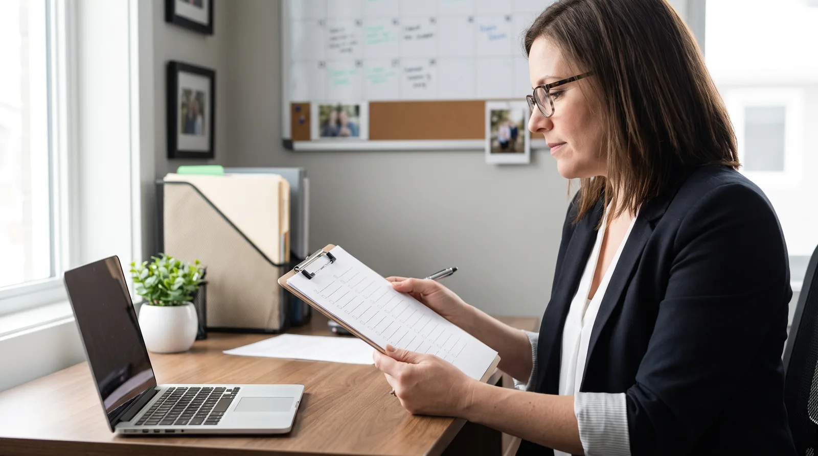 Treatment coordinator at her desk reviewing a checklist on a clipboard, a wall calendar behind her, text out of focus