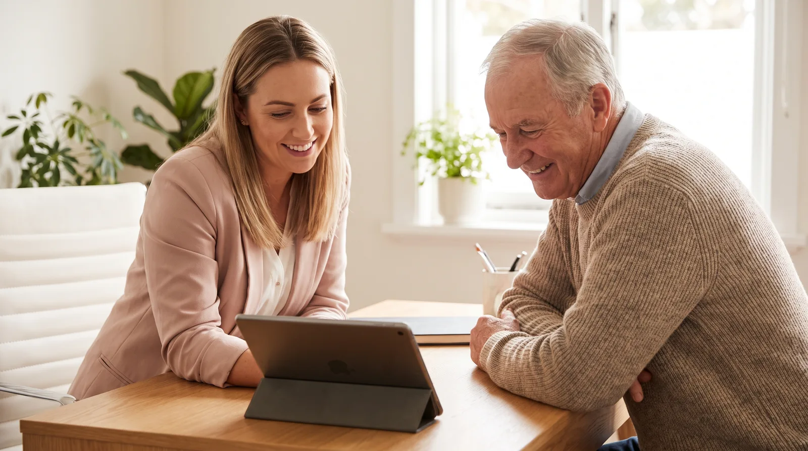 Treatment coordinator at a consultation desk with a patient, both looking at a tablet angled away, warm light