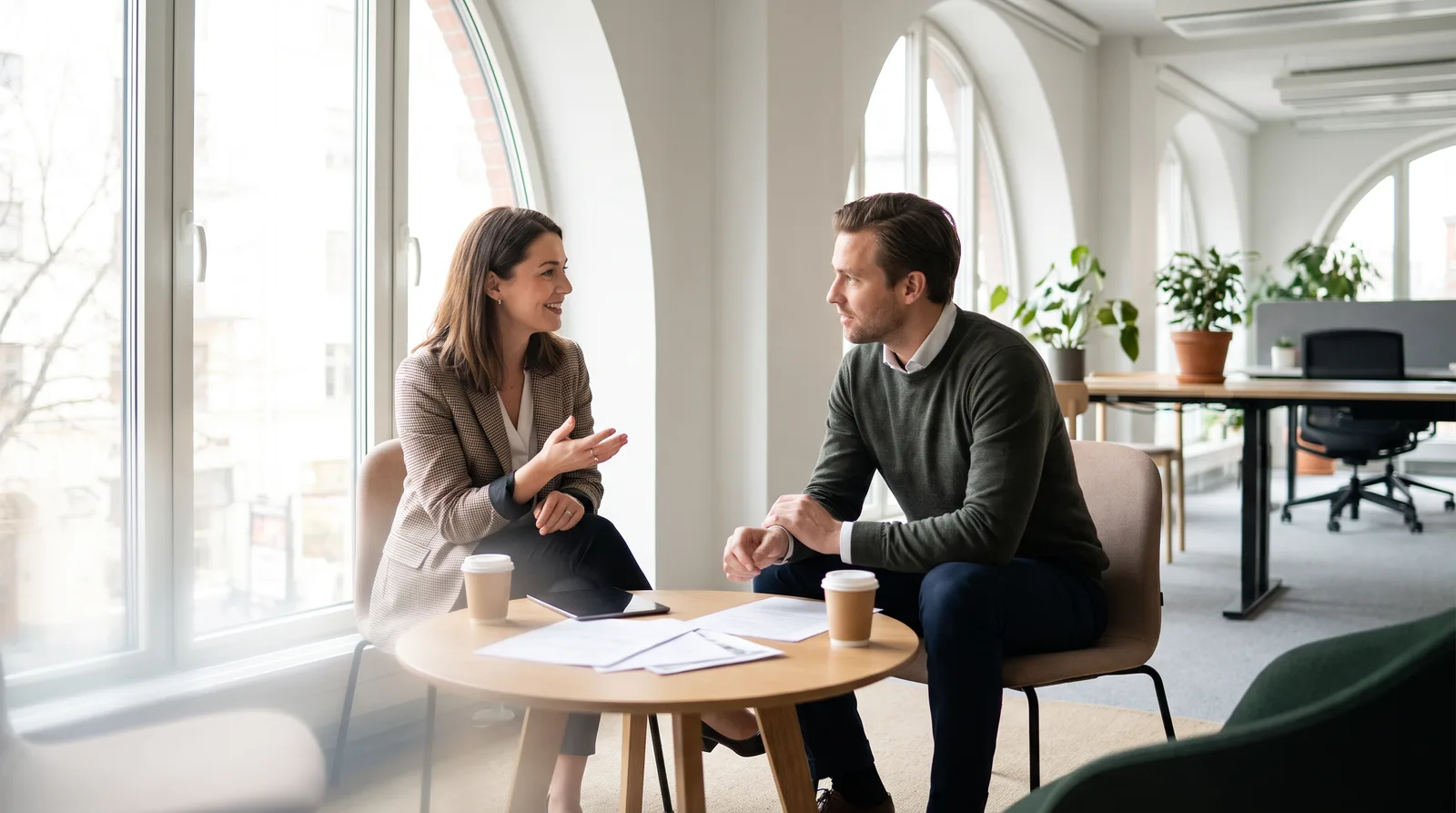 Job interview at a small table in a bright office, two people talking, papers out of focus