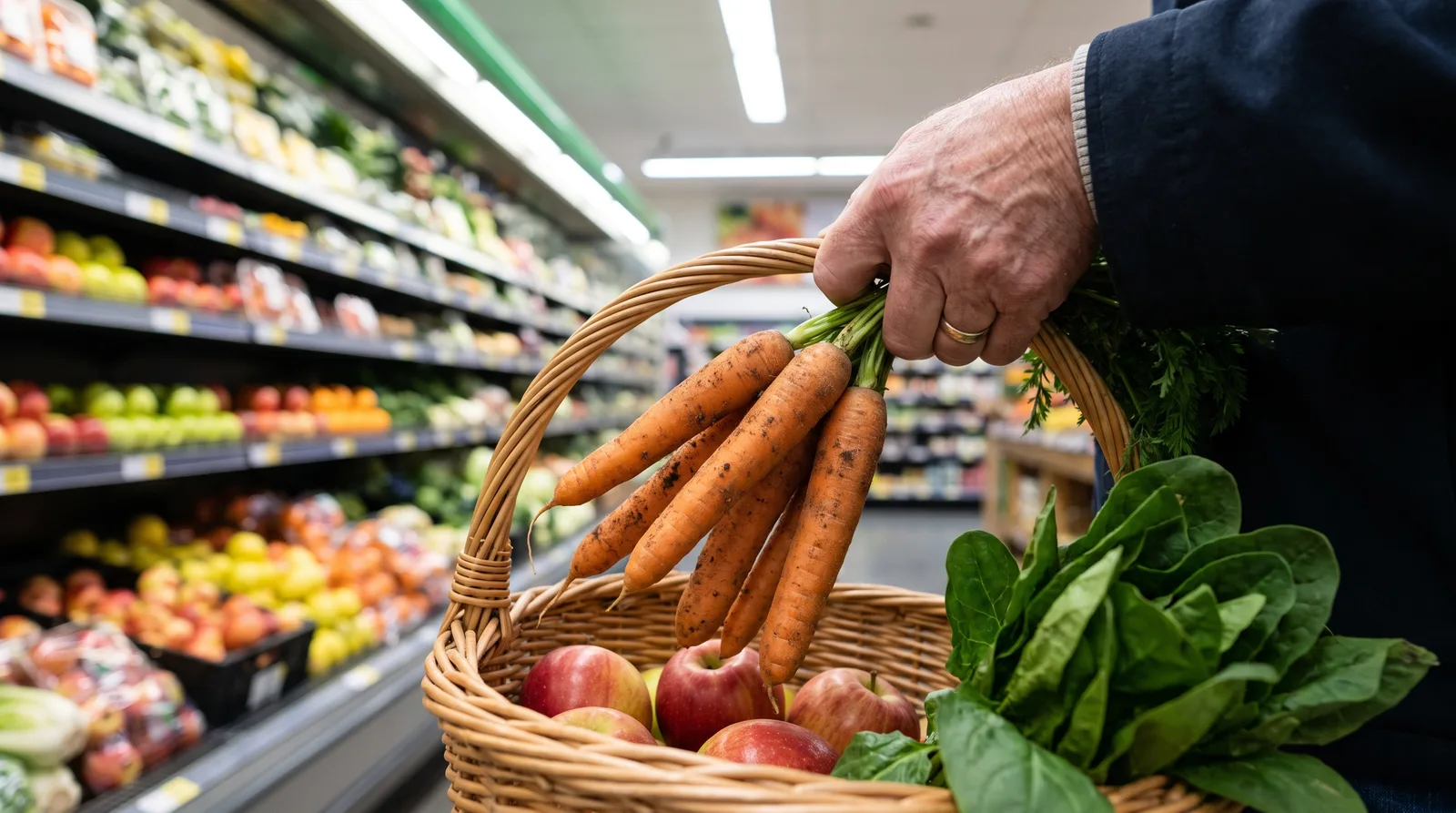 Supermarket produce section from a shopper's point of view, hand reaching for whole carrots, apples and leafy greens in a basket
