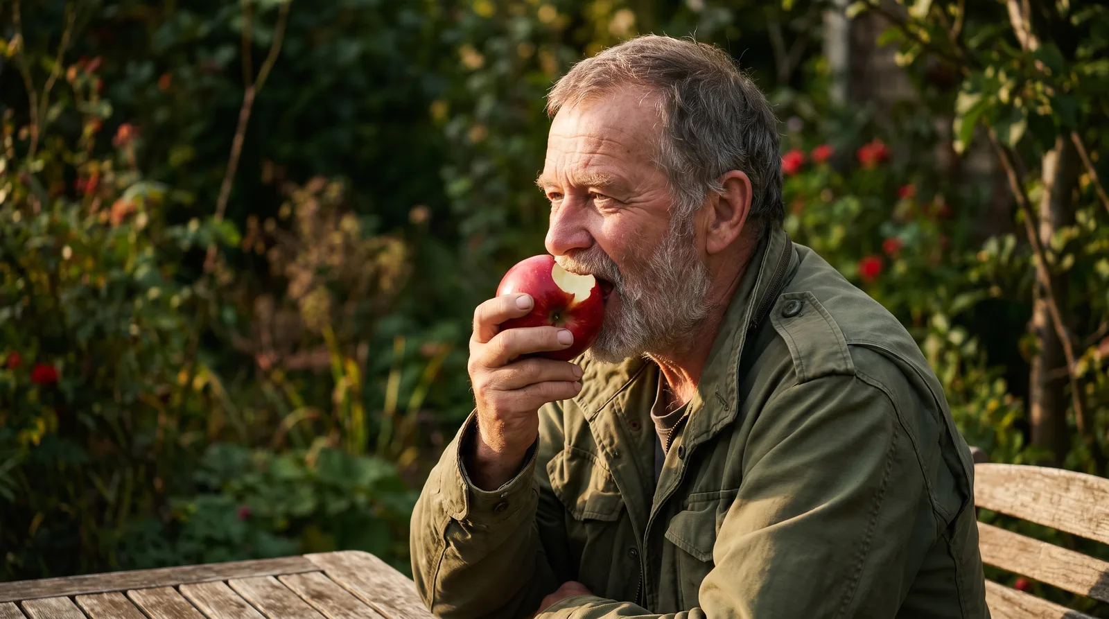 Older man biting into a crisp red apple at an outdoor table, natural light, relaxed and mid-bite with the apple clearly marked