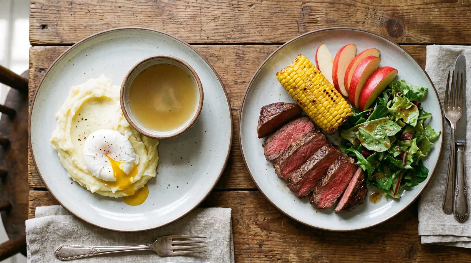 Side-by-side comparison of four dinner plates on a wooden table, one with soft foods and one with steak, corn, apple and salad