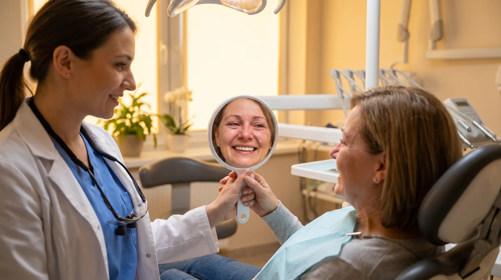 Prosthodontist and patient looking at a mirror together as she tries in a new full-arch bridge, warm clinic light