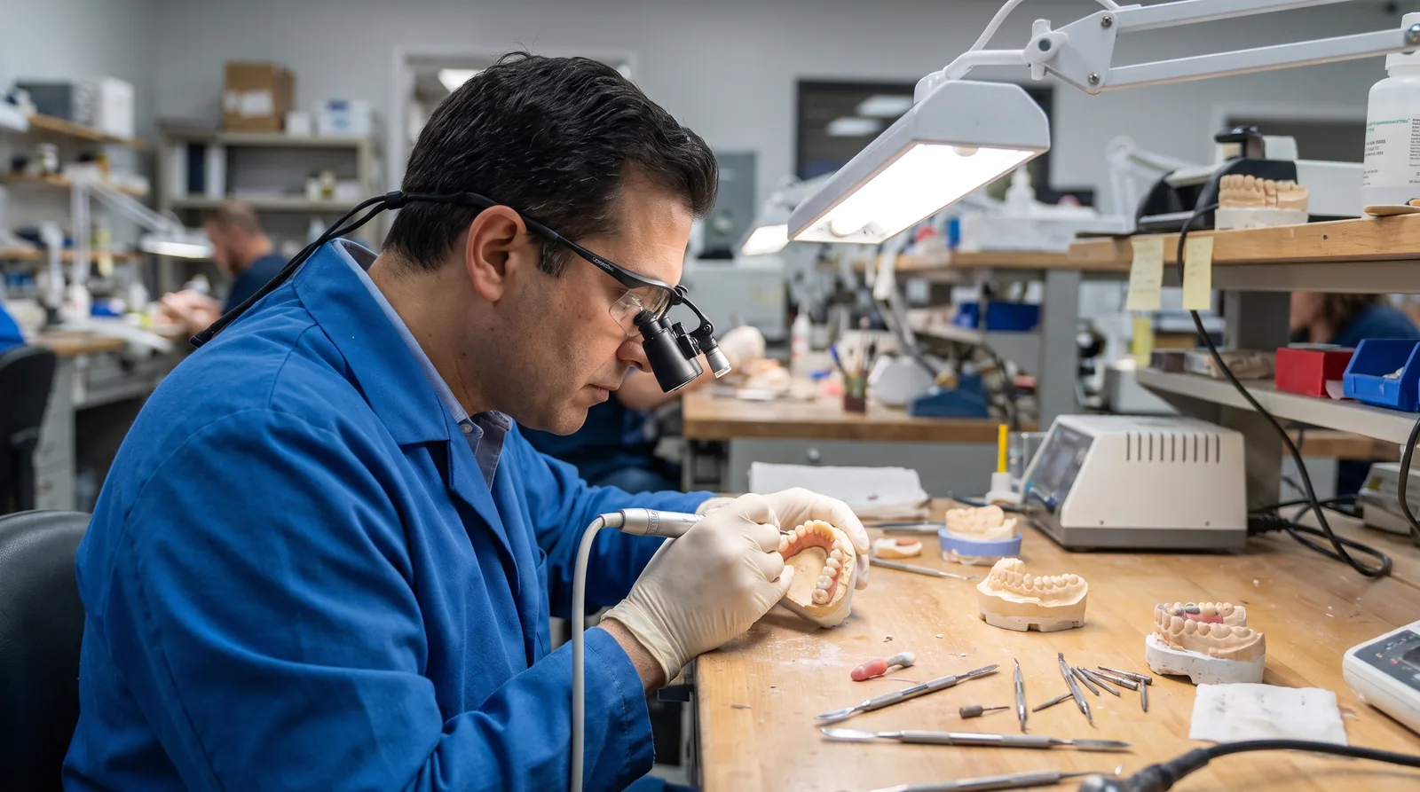 Prosthodontist at a lab bench adjusting a full-arch bridge on a model under a bright work lamp