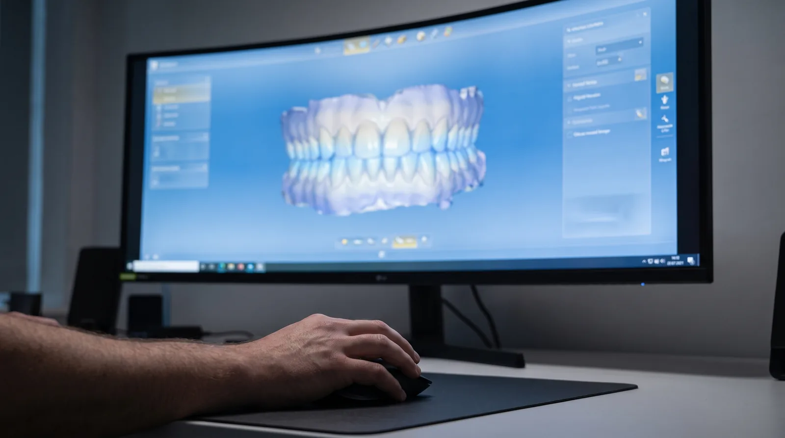 Digital dental design software on a monitor showing a full-arch tooth setup, prosthodontist's hand on a mouse, no readable text