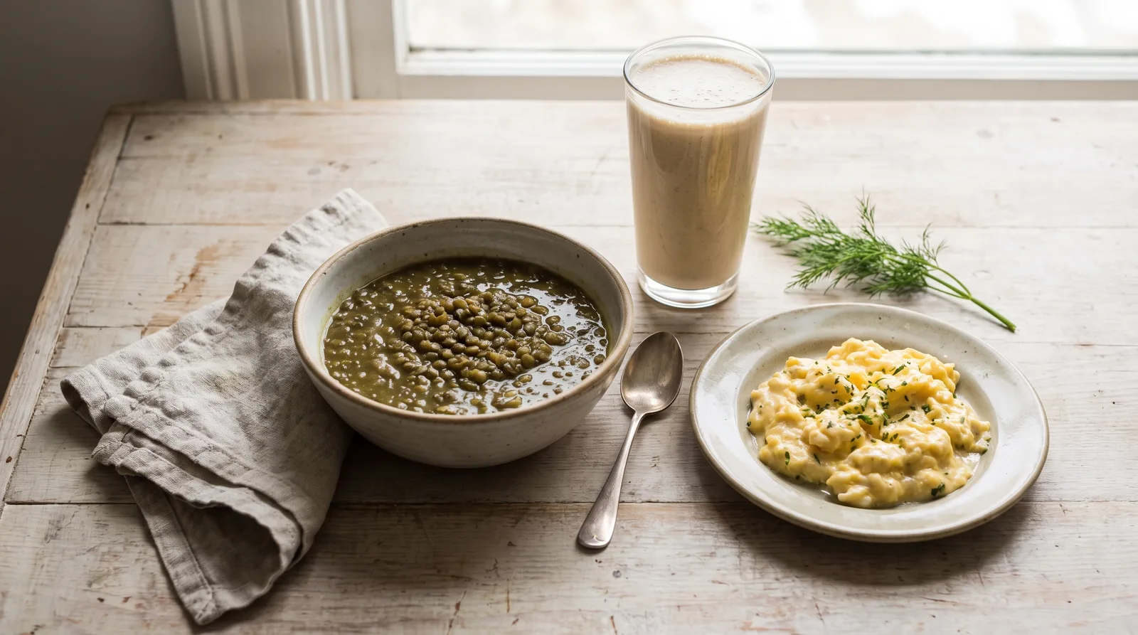 Bowl of thick lentil soup, a protein shake and scrambled eggs arranged on a kitchen counter, warm natural light, no text or labels