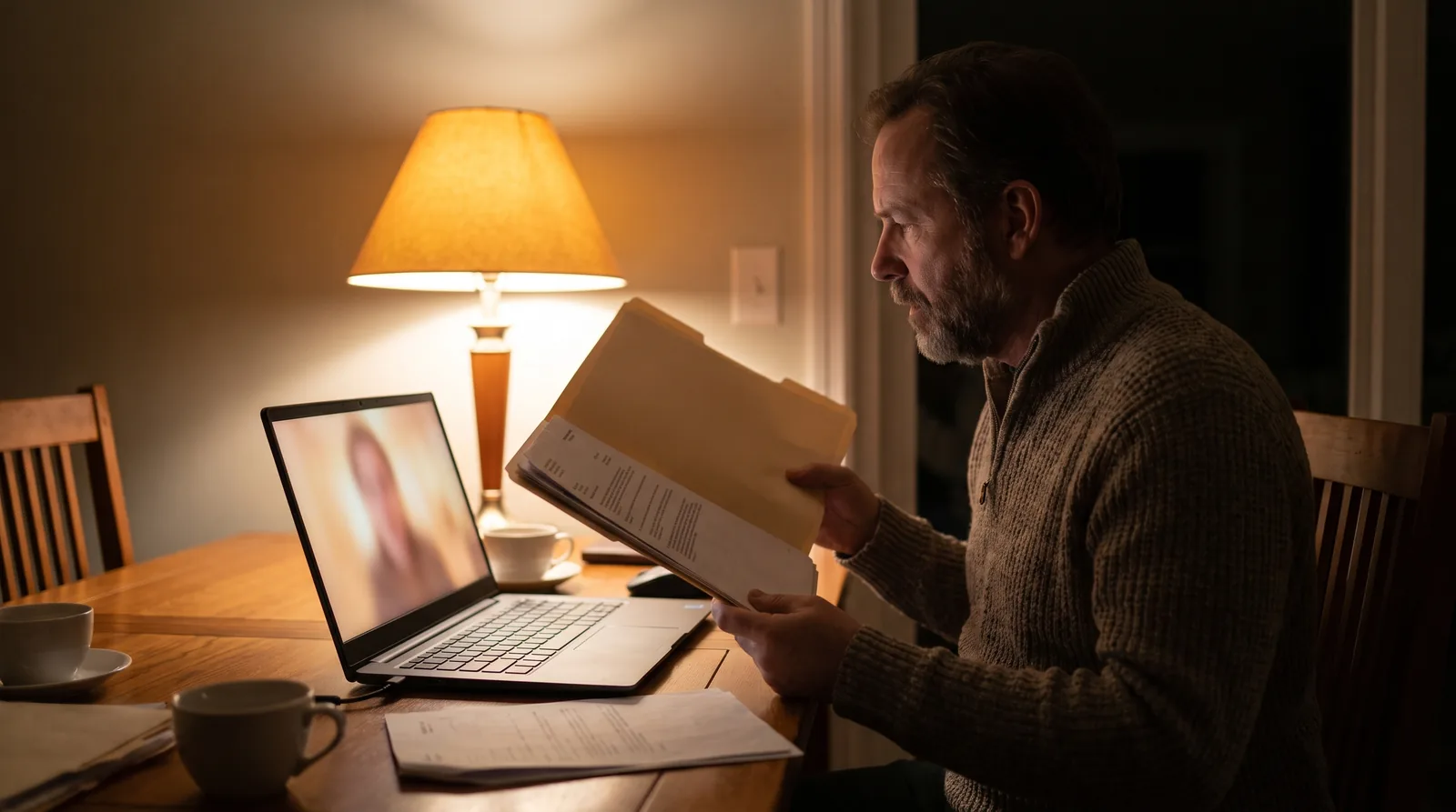 Patient at home video-calling a dentist abroad on a laptop while holding a folder of dental records