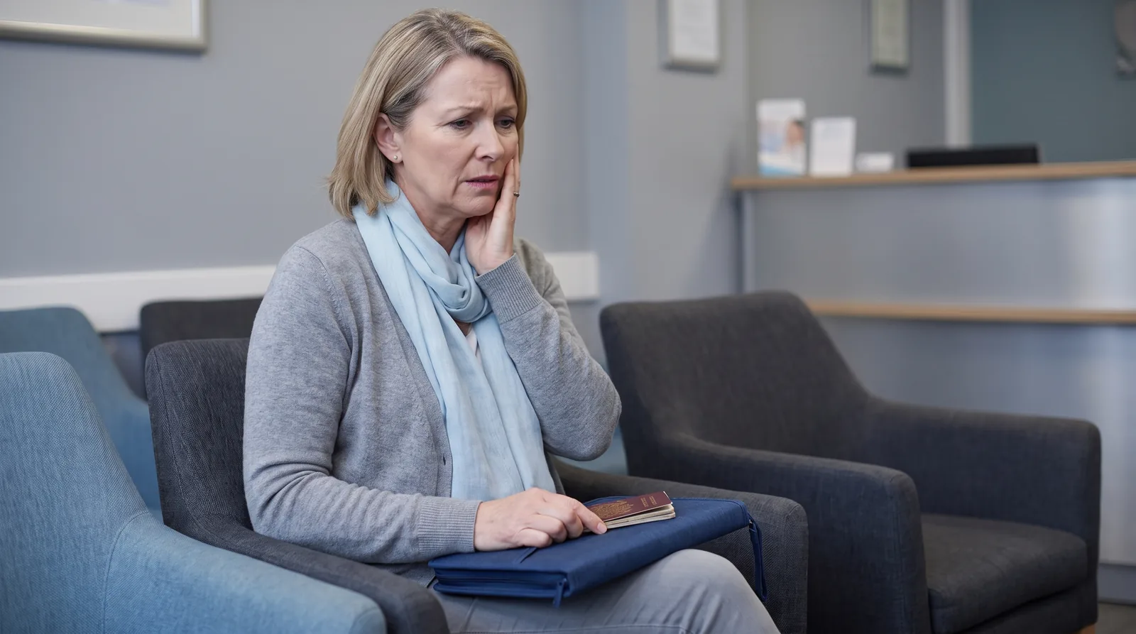 Worried woman holding her jaw while sitting in a U.S. dental waiting room with a passport and travel folder on her lap