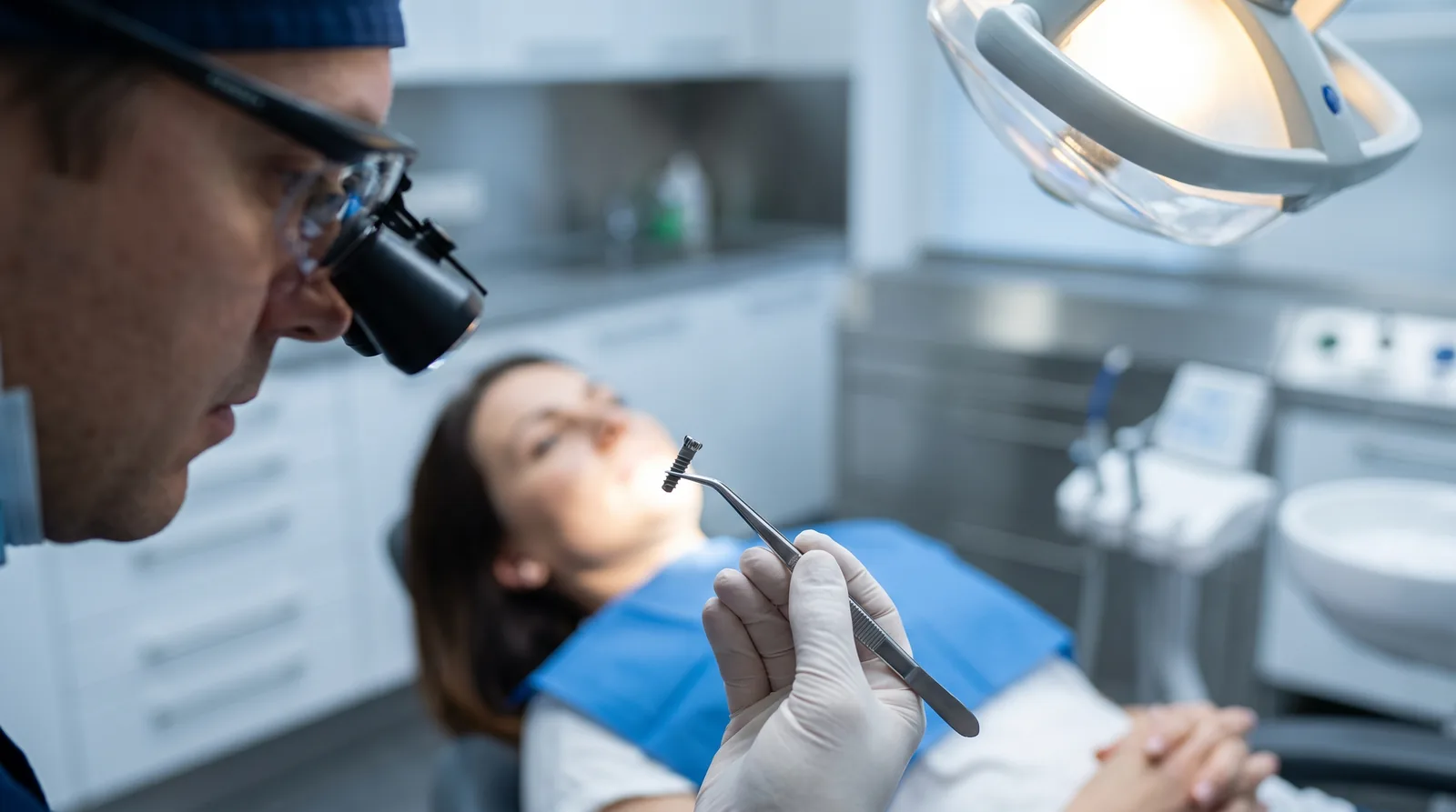 Dentist studying an unfamiliar implant component under magnification while a patient waits in the chair