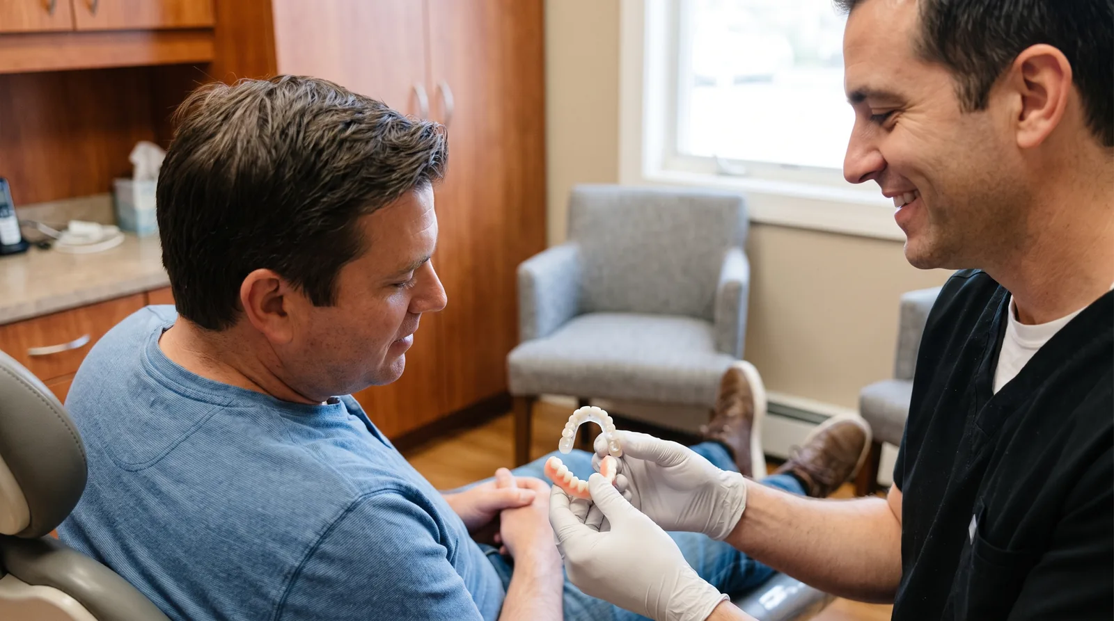 Patient comparing a zirconia and an acrylic bridge sample held up by a dentist during a material selection consultation