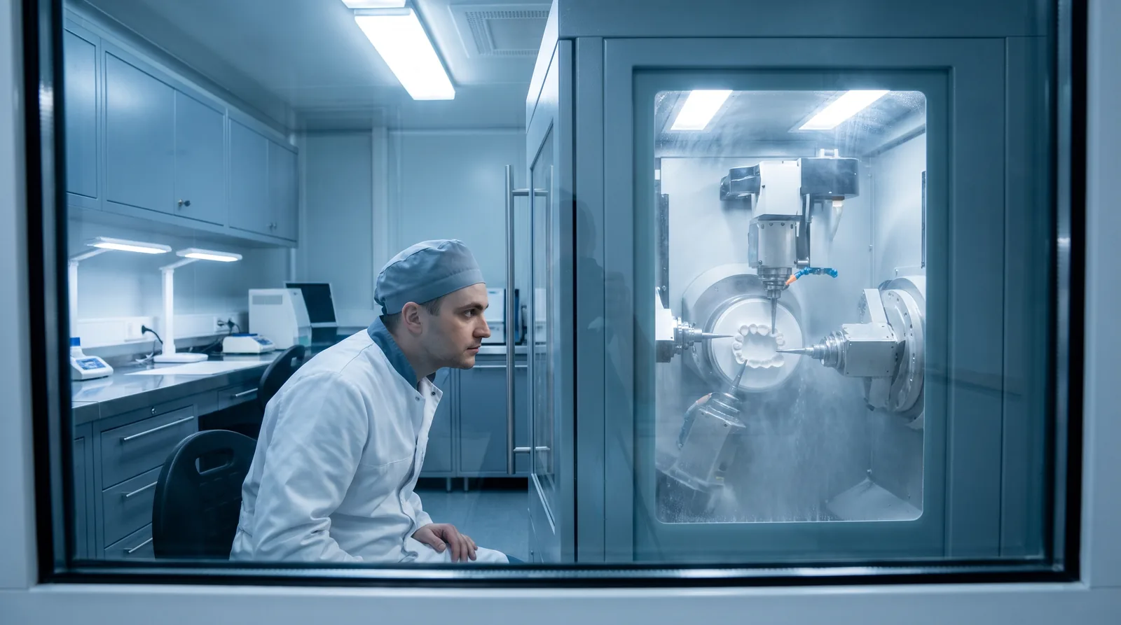 Dental technician milling a zirconia full-arch bridge in a CAD/CAM machine