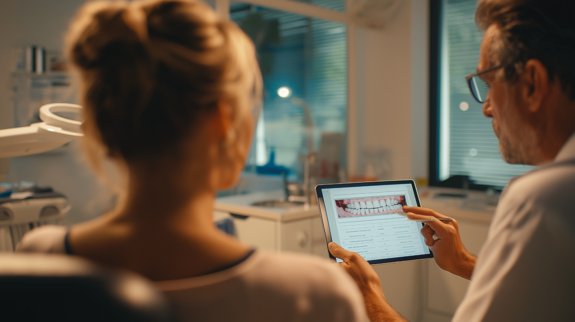 Dentist showing patient dental implant treatment plan on tablet with digital smile preview in clinic
