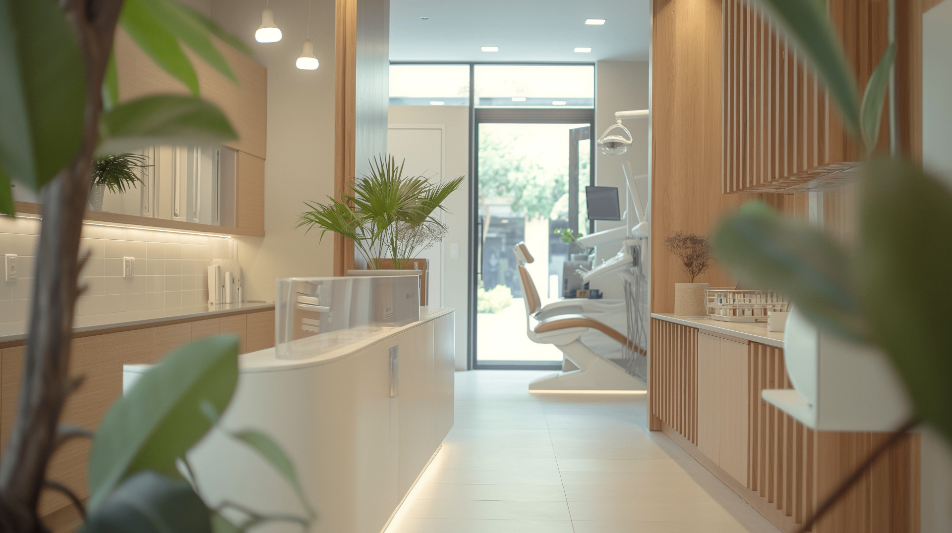 Modern Mexican dental implant clinic interior with light wood paneling and a dental treatment chair visible through the doorway